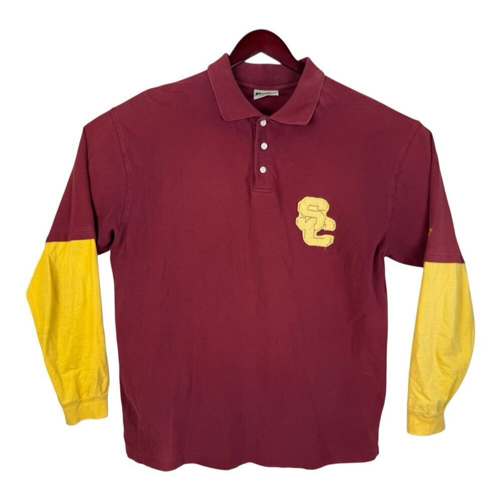 Russell Athletic USC Trojans Polo Shirt Men's XXL 2XL Red College Long Sleeve
